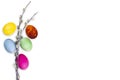Easter composition, color eggs and spring tree branches on white, top view, close-up, place for text, flat lay and copy space