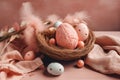 Easter postcard with colorful dotted eggs in nest in pink colors background, space for text.