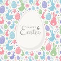 Easter composition with colourful bunnies, eggs and flowers. Greeting card. Vector Royalty Free Stock Photo