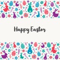 Easter composition with colourful bunnies, eggs and flowers. Greeting card. Vector Royalty Free Stock Photo