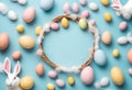 Easter composition concept. Top view photo of white circle colorful easter eggs and bunny ears on isolated pastel blue background Royalty Free Stock Photo