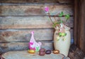 Easter composition of Easter eggs, a wriggle hazel with rabbit a Royalty Free Stock Photo