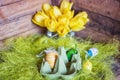 Easter composition with an egg box filled with colorful fake eggs Royalty Free Stock Photo