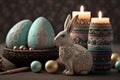 Easter composition with eggs and decorative carved rabbit