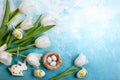 Easter composition with Easter eggs in nest and white tulips Royalty Free Stock Photo