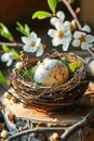 Easter composition with Easter eggs in nest on wooden board and blossom twigs around