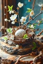 Easter composition with Easter eggs in nest on wooden board and blossom twigs around