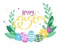 Easter composition with eggs, plants and flowers. Bright lettering for the day of Holy Easter. Vector illustration