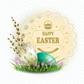 Easter composition with eggs, a round figured frame, a grass and flowers, Royalty Free Stock Photo