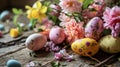 Easter Composition with Eggs and Spring Flowers. A rustic Easter setting with colorful eggs and a variety of spring