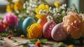 Easter Composition with Eggs and Spring Flowers. A rustic Easter setting with colorful eggs and a variety of spring