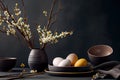 Easter table setting with eggs and willow branches on dark background, flat lay, Easter decoration, copy space, generative ai Royalty Free Stock Photo