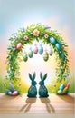 Easter composition with festive Easter arch and bunnies