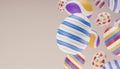 Easter composition with levitation 3d rendering colorful egg. Happy easter creative banner with falling eggs on beige background.