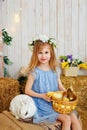 Easter composition. A little blonde girl plays and communicates with mallard ducklings and a white rabbit running on the wooden