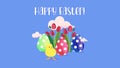 Easter composition with little chick, polka dot eggs, tulips and clouds. Holiday web banner. Vector illustration. Royalty Free Stock Photo