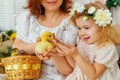 Easter composition. Mother and daughter in white dresses and flower wreaths on their heads play with ducklings. Farm village