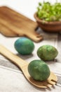 Easter composition with naturally colored green eggs Royalty Free Stock Photo