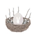 Easter composition with a nest, an egg, and pussy willow branches. Scandinavian style spring decoration, vector