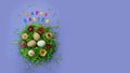 Easter composition with nest, eggs and colorful letters on violet background. Text Happy Easter