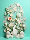 Easter composition of openwork silhouettes of Easter eggs, flowers and the Easter bunny. Royalty Free Stock Photo