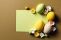 Easter day, Painted Chocolate eggs, tulip flowers flat lay on brown board, Greeting card, banner template Royalty Free Stock Photo