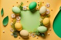 Easter day, Painted Chocolate eggs, tulip flowers flat lay on yellow green board, Greeting card, banner template Royalty Free Stock Photo