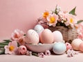 Easter composition of pastel eggs and spring bouquet with tulips, narcissus, daffodils flowers in basket. Gift card Royalty Free Stock Photo