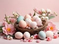 Easter composition of pastel eggs and spring bouquet with tulips, narcissus, daffodils flowers in basket. Gift card Royalty Free Stock Photo