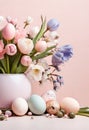 Easter composition of pastel eggs and spring bouquet with tulips, narcissus, daffodils and muscari flowers in vase Royalty Free Stock Photo