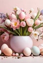 Easter composition of pastel eggs and spring bouquet with tulips, narcissus, daffodils and muscari flowers in vase Royalty Free Stock Photo