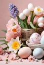 Easter composition of pastel eggs and spring bouquet with tulips, narcissus, daffodils and muscari flowers in vase Royalty Free Stock Photo