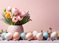 Easter composition of pastel eggs and spring bouquet with tulips, narcissus, daffodils and muscari flowers in vase Royalty Free Stock Photo