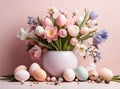 Easter composition of pastel eggs and spring bouquet with tulips, narcissus, daffodils and muscari flowers in vase Royalty Free Stock Photo