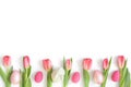 Easter composition with pink tulips, eggs and an Easter bunny isolated on a white background. Copy space, top view, flat lay Royalty Free Stock Photo