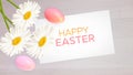Easter composition with realistic Easter eggs and daisies on wood background Royalty Free Stock Photo