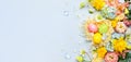 Easter composition with Spring Flowers and Easter eggs in nest on pastel blue background Royalty Free Stock Photo