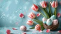 Easter Composition with Tulips and Decorated Eggs on Blue Background. Generative ai