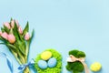 Easter composition tulips spring flowers eggs in a nest toy rabbit on a blue background Royalty Free Stock Photo