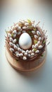 Easter composition with white egg in nest and pussy willow twigs on a wooden cut