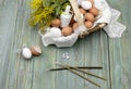 Wicker basket with eggs, branches of mimosa, holy water, church candles and incense