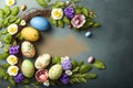 Easter composition with a wreath of colorful painted eggs in pastel colors and spring flowers. Generative AI Royalty Free Stock Photo