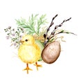 Easter composition with yellow chick, Hand drawn illustration.