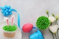 Easter concept with bunny ears cupcakes, blue ribbon, pink egg