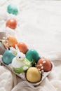 Easter concept with a bunny in nest. Painted easter eggs in egg Royalty Free Stock Photo