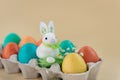 Easter concept with a bunny in nest. Painted easter eggs in egg Royalty Free Stock Photo