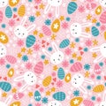 Easter concept with colourful eggs, cute bunnies and flowers. Seamless pattern. Great for textiles, banners, wallpapers, wrapping