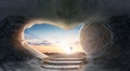 Easter concept: Empty Tomb Of Jesus Christ At Sunrise With  Cross background Royalty Free Stock Photo