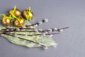 Easter concept, golden eggs and willow branches on quartz kitchen top