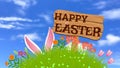 Easter concept image with green grass, different flowers, rabbit ears and wooden board